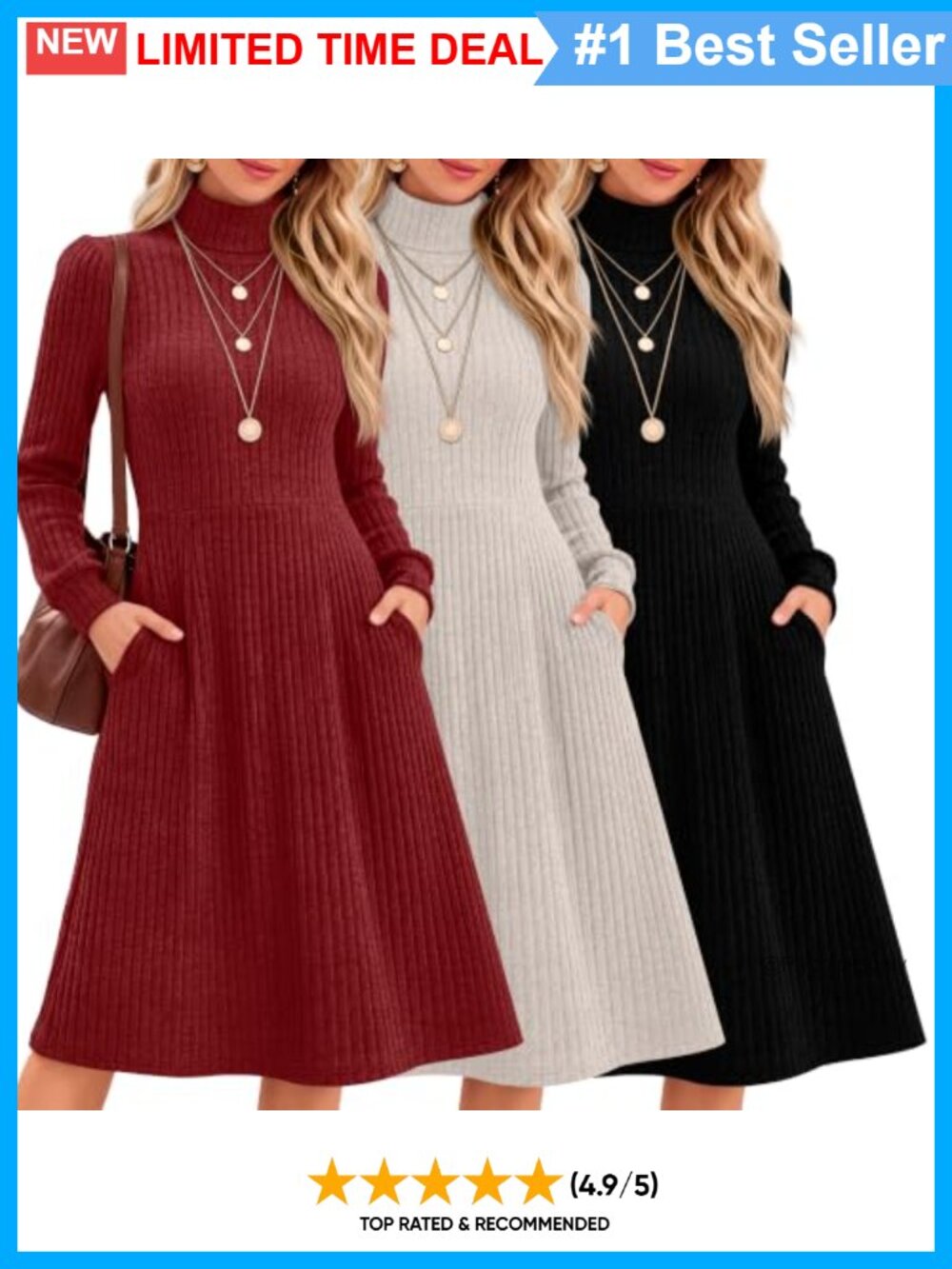 Womens Long Sleeve Sweater Dress Turtleneck Pocket Stretch Empire Waist